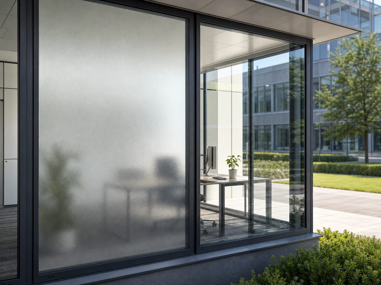 Fensterfolie mit Sichtschutz und Sonnenschutz auf einer Glasfläche in Hamburg