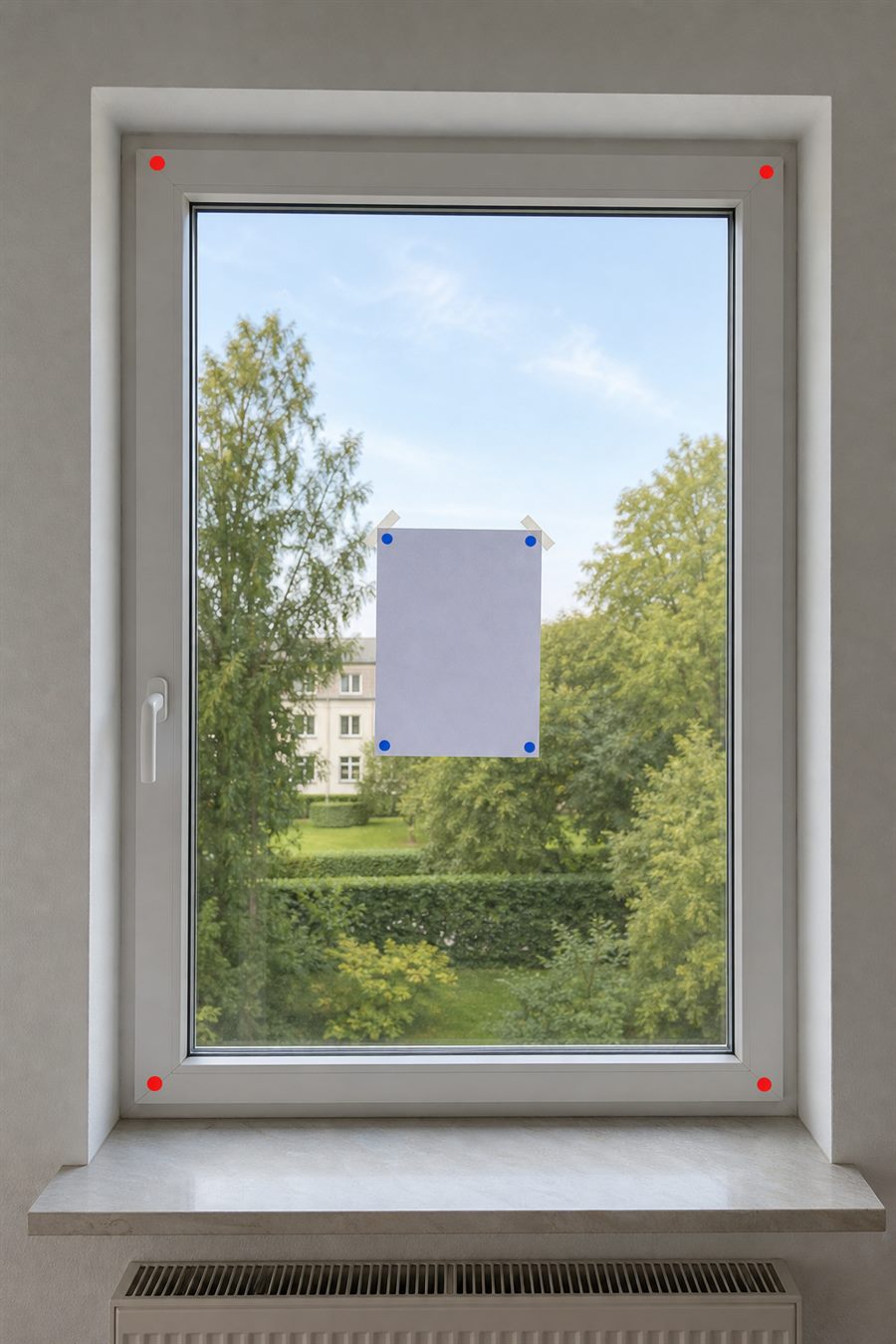Trainingsbild für KI-Aufmaß mit DIN-A4-Referenz und Fensterkanten